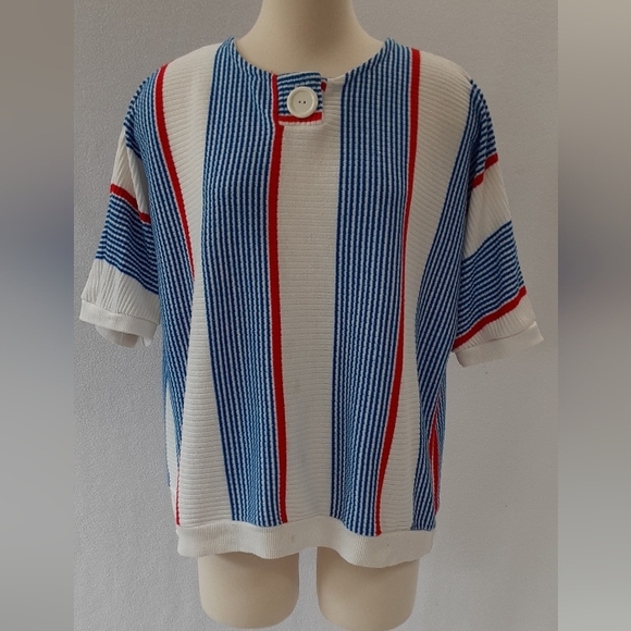 La Rose pullover 70s vintage sweater red white blue stripe dolman elbow sleeve - Picture 5 of 9